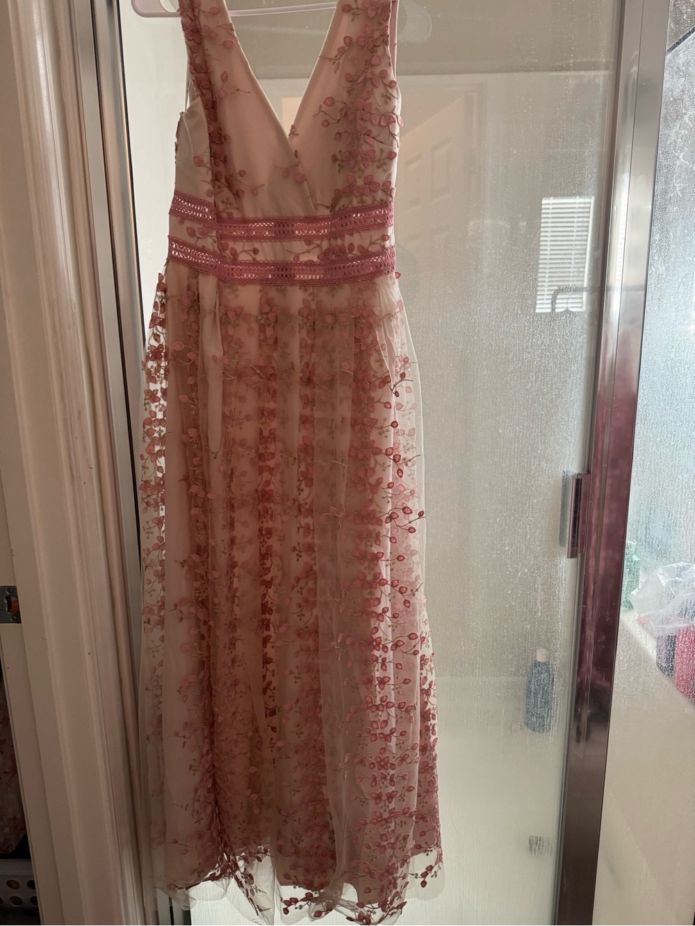 Sleeveless Embroidered Pink Floral V-Neck Dress just me M